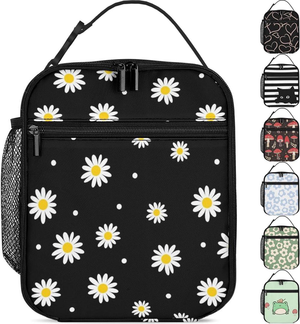 Lunch Box Girls Insulated Lunch Bag for Kids, Black Daisy Flower | Reusable Lunchbox, Lunch Tote Bag, Water Bottle Holder, Leak-Proof Lining, Lightweight, Portable, For School Office Picnic