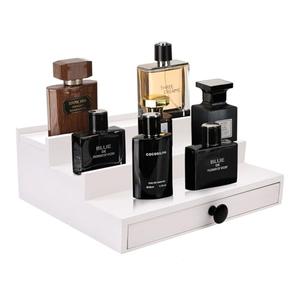 Fengligoo White Cologne Organizer for Men - 3 Tier Wooden Perfume Display Stand with Drawer and Hidden Compartment for Organizing and Storing, Cologne Holder Shelf for Dresser