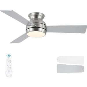 42 Inch Ceiling Fans with Lights and Remote, Brushed Nickel Low Profile Ceiling Fan with Light, Flush Mount, Reversible, 6 Speeds, 3CCT Dimmable, Bedroom Indoor/Outdoor Patios Use