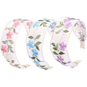 NARUNING 3Pcs Women's Wide Headbands, Flower Embroidered Hairbands Mesh Headband, Comfortable Non-slip Headbands with Comb Teeth for Women and Girls Hair Accessories (6CM Style A, One Size) 2 Pack
