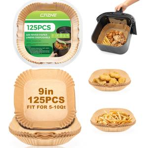 Ctizne Disposable Air Fryer Paper Liners, 125Pcs 9 In Large Square Parchment Paper Liner, Non Stick Baking Paper for 8Qt - 12Qt Air Fryer Basket Microwave Oven, Deep Fryer Parts & Accessories