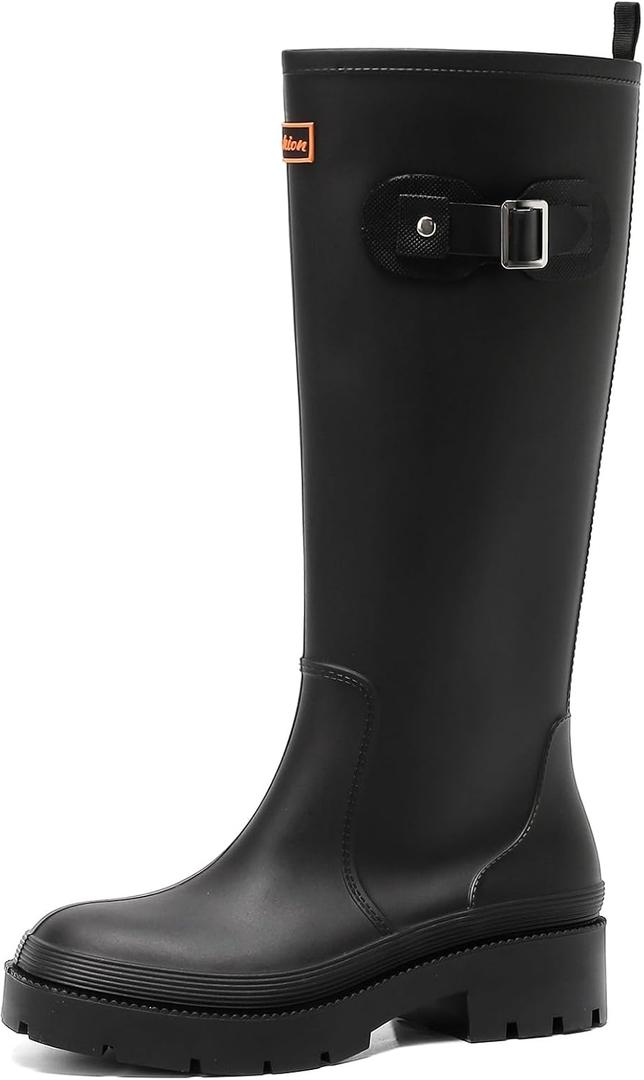 Women's Rain Boots Knee High Rubber Boots Waterproof Anti-Slip Tall wide calf Garden Boots Insulated Work Water Shoes Fishing Outdoor (6.5, Black)