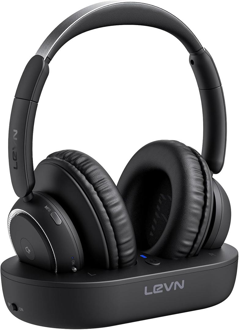 LEVN Wireless Headphones for TV Watching, TV Headphones Wireless for Seniors with Transmitter Charging Base, Hearing-impaired, No Audio Delay Blutooth 5.2, Plug and Play, Gifts for Elderly (Black)