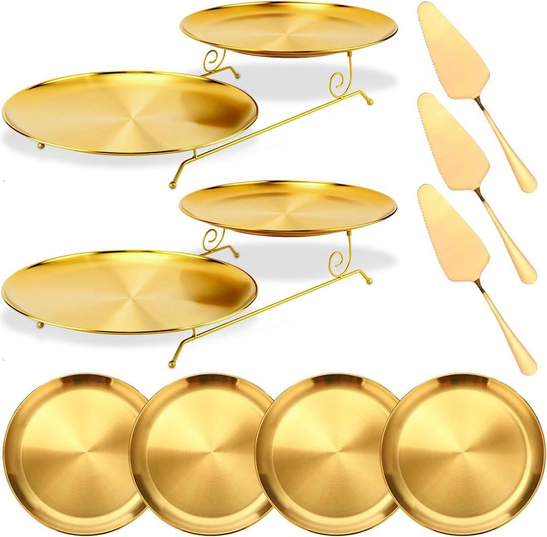 Domensi 9 Pcs Pizza Pan Riser Stands Sets Includes 2 Pcs Tiered Tray Stand 4 Stainless Steel Pizza Pan and 4 Wood Handle Knife for Home, Restaurant Party(Gold)