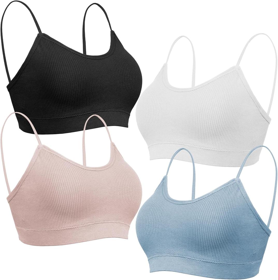 KCDDUMK 4 Pieces Cami Bras - Women's V-Neck Padded Seamless Straps Bralette Everyday Basic Sleeping Bra (X-Large, Black, White, Blue, Pink)