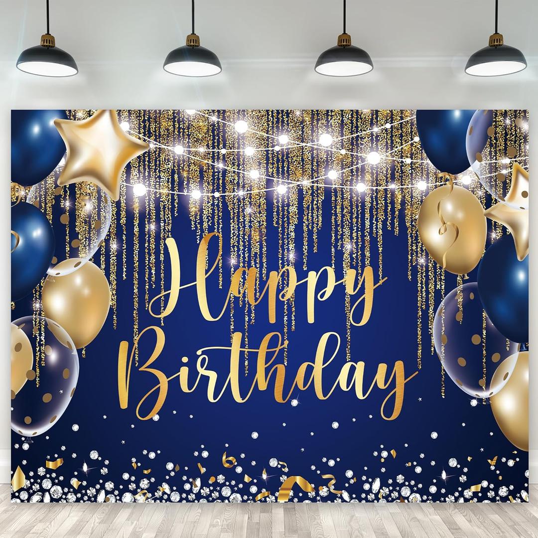 Riyidecor Blue Gold Happy Birthday Backdrop Royal Navy Balloon Golden Dot Diamond Sparkle 8Wx6H Feet Polyester Fabric Cool Bday Photography Background Men Boys Table Decor Banner Studio Photo Shoot