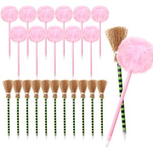 Motthjcw 24 Pack Halloween Witch Pens, Princess and Witch Party Favors, Witch Party Decorations, Fluffy Pink Pom Puff Ballpoints & Striped Witch Broom Ballpoints, Cute Pens Pink Office Supplies