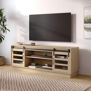 Modern Farmhouse Entertainment Center with Sliding Glass Doors & Storage, 58” Barn Door TV Stand for Bedroom, Media Console Supporting 32-65" TVs for Living Room (Light Oak), Media Console Table