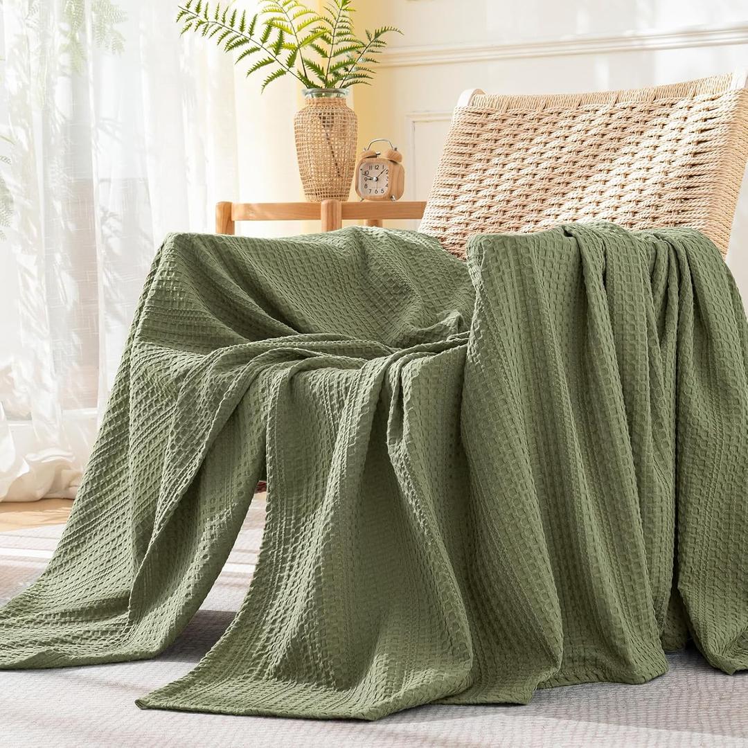 PHF Lightweight Waffle Weave Throw Blanket 50"x 60", Soft Woven Summer Blanket for Hot Sleepers - Aesthetic Home Decor for Couch Bed Sofa, Pet Friendly, Olive Green