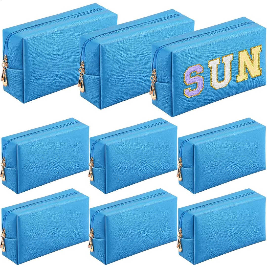 Sanwuta 9 Pcs Makeup Bags Bulk PU Double Zippers Cosmetic Bag Makeup Toiletry Small Pouch Portable Travel Organizers Case for Women Bridesmaid Proposal Gifts(Blue)