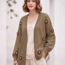Women's Knit Cardigan 3D Floral Open Front Long Sleeve Fall Winter Crochet Outerwear Sweater Brown Large (L)