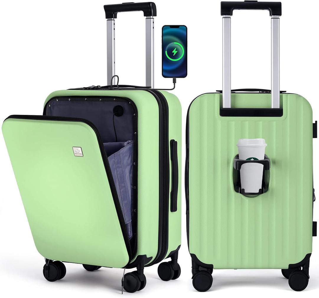 BISON DENIM 20 Inch Carry On Luggage, PC Lightweight Hardside Expandable Carry-On Luggage Airline Approved With Spinner Wheels, Front Compartment, Cup Holde, TSA-approved Lock, USB Port, Sage Green