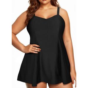 Aleumdr Women Plus Size One Piece Swimsuit Swim Dress Tummy Control Bathing Suit Athletic Swimdress Build in Shorts with Pockets Black Large 0X