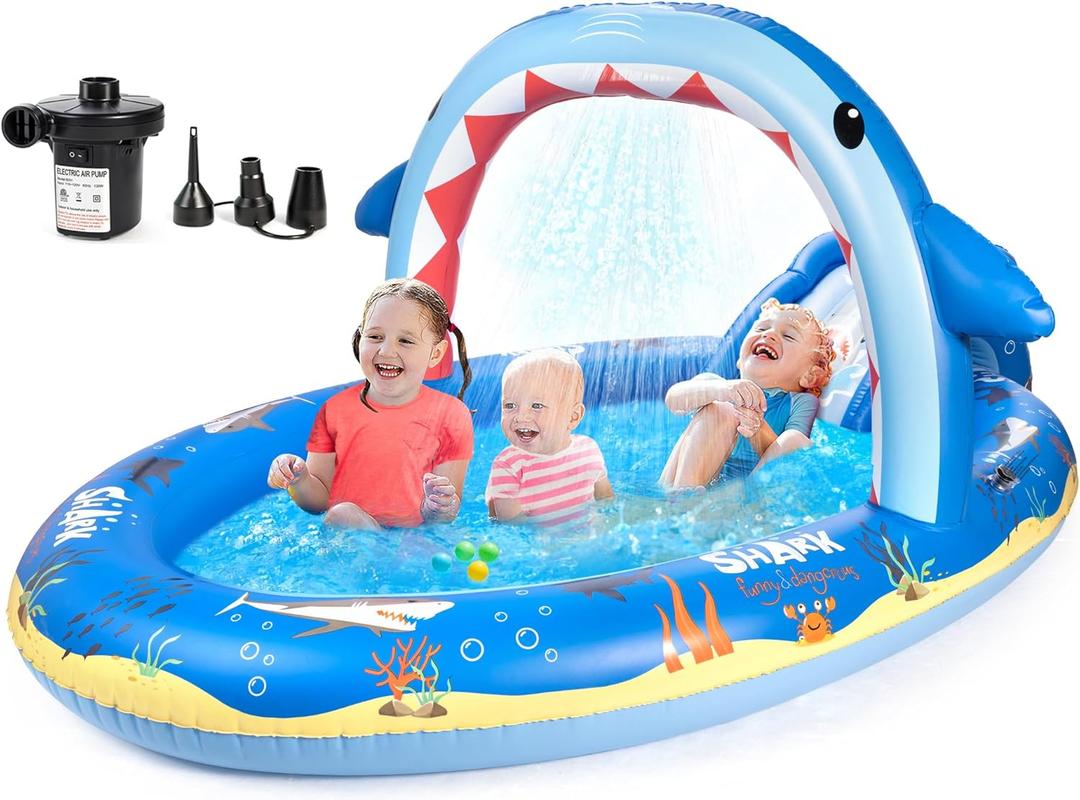 SULIFEEL Dinosaurs Inflatable Play Center Kiddie Pool with Slide and Sprinkler for Children, 96''x59''x39'' Baby Pool for Backyard and Garden, Free Inflatable Pump (Shark)