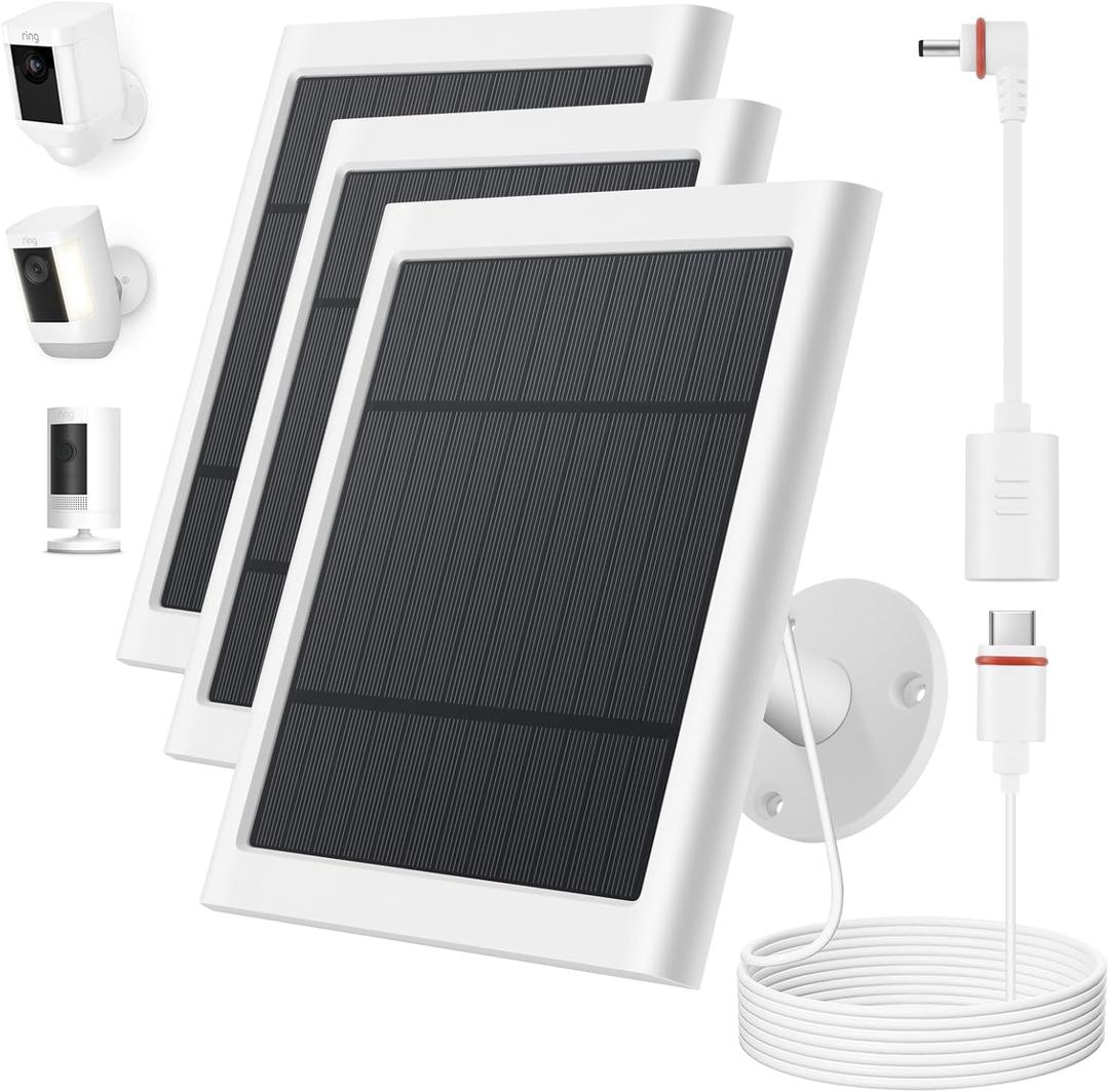 Solar Panel for Ring Camera, 3 Pack 4W Solar Charger Compatible with Ring Spotlight &All-New Stick Up Outdoor Cam Battery, 10ft Long Cable with USB-C to Ring Barrel Plug Adapter (White)