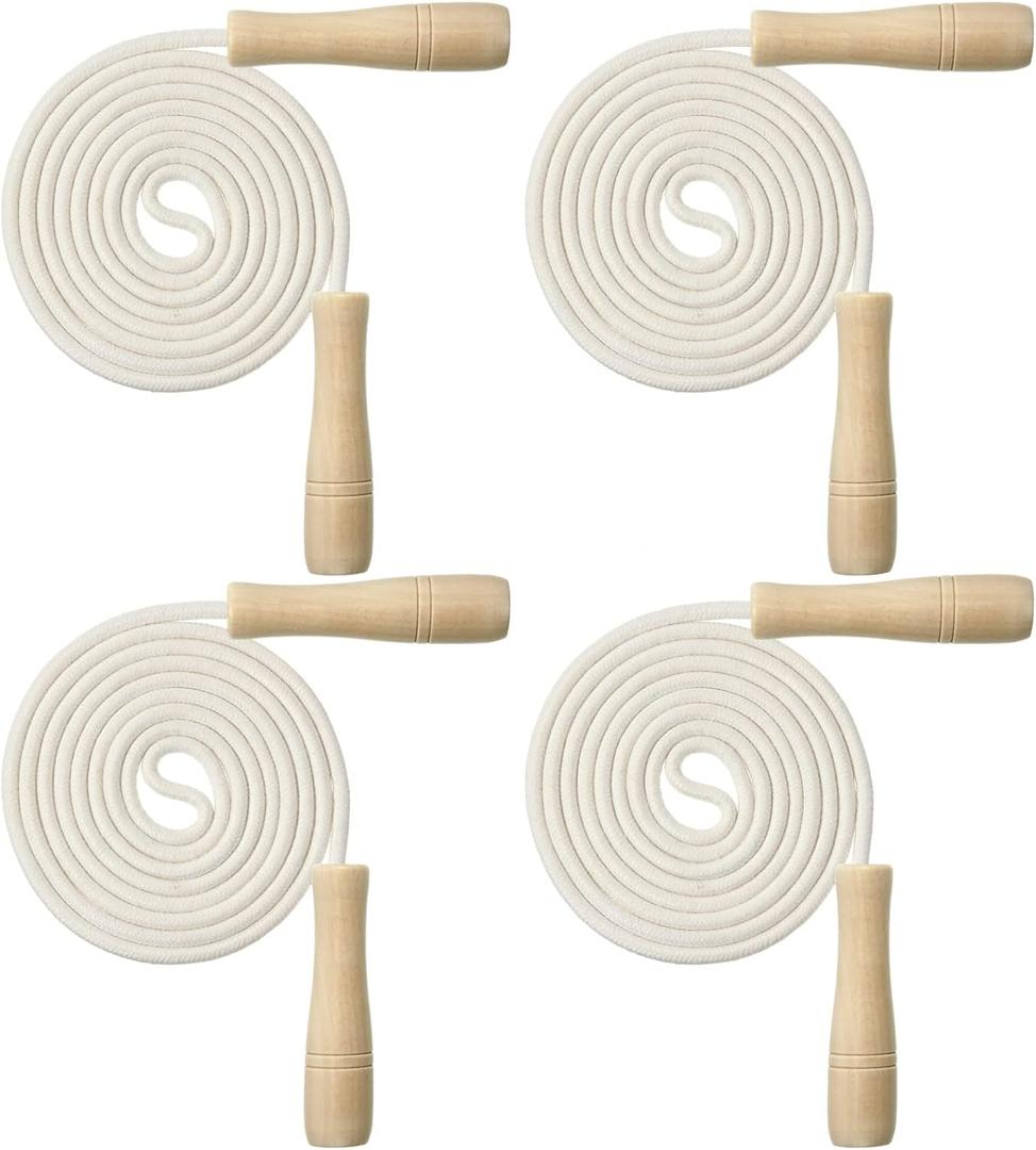 Hungdao 4 Pcs Jump Ropes for Kids with Wooden Handle Cotton Braided Adjustable Skipping Rope for Exercise Fitness Jumping Rope for Children Boys Girls Students Preschooler Outdoor Fun Activity