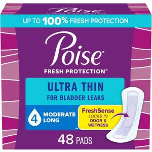 Poise Ultra Thin Incontinence Pads & Postpartum Incontinence Pads, 4 Drop Moderate Absorbency, Long Length, 48 Count, Packaging May Vary (LONG/NON-WINGED)