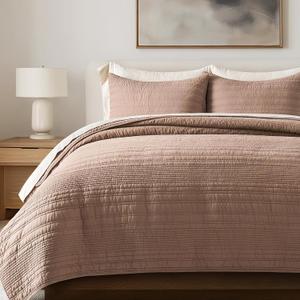 EVERGRACEHOME 100% Cotton Modern Lines Quilt Set Queen Size, Pre-Washed Soft Striped Coverlet Bedspread, 3 Piece Lightweight Bedding Set for All Season, with 2 Pillow Shams, Rose Dust