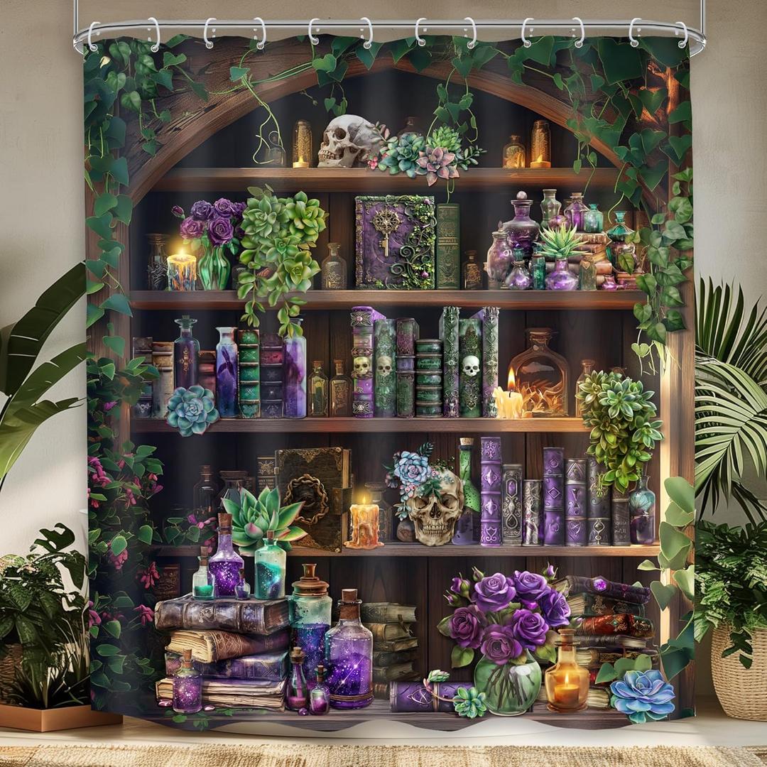 Gothic Skull Shower Curtain 60Wx72H Vintage Witchy Spooky Retro Wizard Magic Bookshelf Succulent Black Unique Cool Bathroom Decor Plant Mysterious Bath Curtain Fabric Polyester 12 Pack Hooks