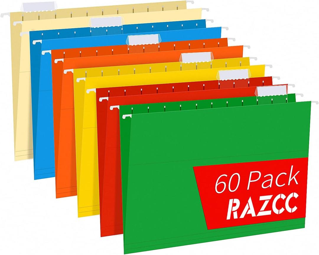 Hanging File Folders, RAZCC 60 Pack Reinforced Hanging Folders Letter Size, Designed for Bulky Files, Filing Cabinet, Adjustable Tabs, Assorted Colors (No expansion)