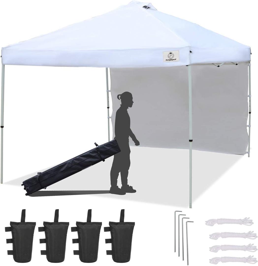 ISAGAPOY Pop up 10x10 Canopy Tent Compact Canopy, Portable Shade Instant Folding Better Air Circulation Canopy with Wheeled Bag x1 Sidewall x1 Canopy Sandbags x4 Tent Stakes x4 (White)