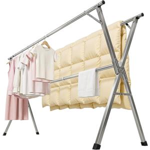 Spreezy 94 Inch Clothes Drying Rack, Stainless Steel, Indoor/Outdoor
Adjustable Length Holds 44 bs, Zero Assembly, Foldable Laundry Drying Rack. Portable, Space-Saving, with Windproof Hooks