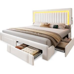 YITAHOME King Size Bed Frame with Adjustable Headboard, 4 Storage Drawers and RGB LED Lights, Velvet Upholstered Platform Bed with USB Ports, No Box Spring Needed, Fast Assembly, Noise-Free, White