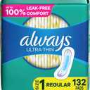 Always Ultra Thin Pads for Women, Size 1 Regular Absorbency Without Wings Unscented, 44 Count x 3 Packs (132 Count total)