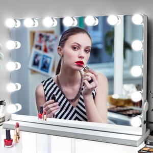 M MIVONDA Vanity Makeup Mirror with Lights: Hollywood Mirror with 15LED Bulbs - Large 23x19 Desk Mirror for Wall, Dimmable 3 Lighting Modes, Plug-in and USB Charger Port, White