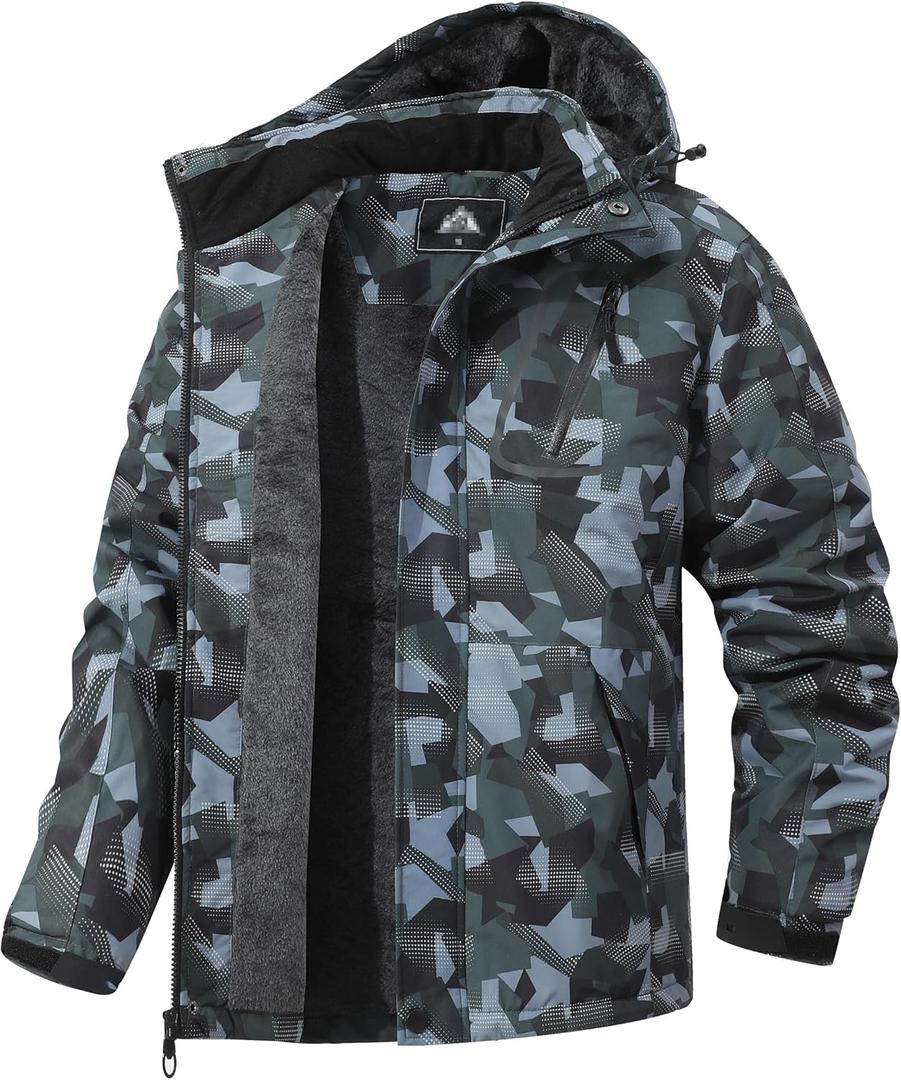 Men's Mountain Winter Coat Warm Fleece Ski Snow Jacket Waterproof Raincoat with Hood (Army Green Camo)