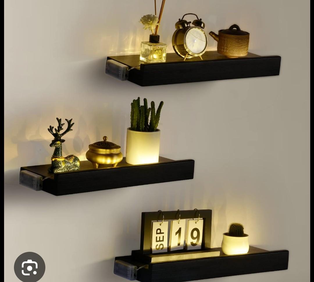 JERESER Floating Shelves with Invisible Brackets & Strip Lights, Protective Front Lip, Black Wood Wall Shelves Set of 3, Mounted Bookshelf, Bedroom, Bathroom, Living Room, Kitchen