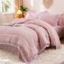A Nice Night 5 Pieces Lightweight Soft Rustic Pink Ruffle Comforter, Plaid Checkered Chic Bedding Comforter Set for Queen Bed