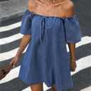 Women's Denim Mini Dress Puff Short Sleeve Square Neck Loose Jean Dresses with Pockets, 2XL