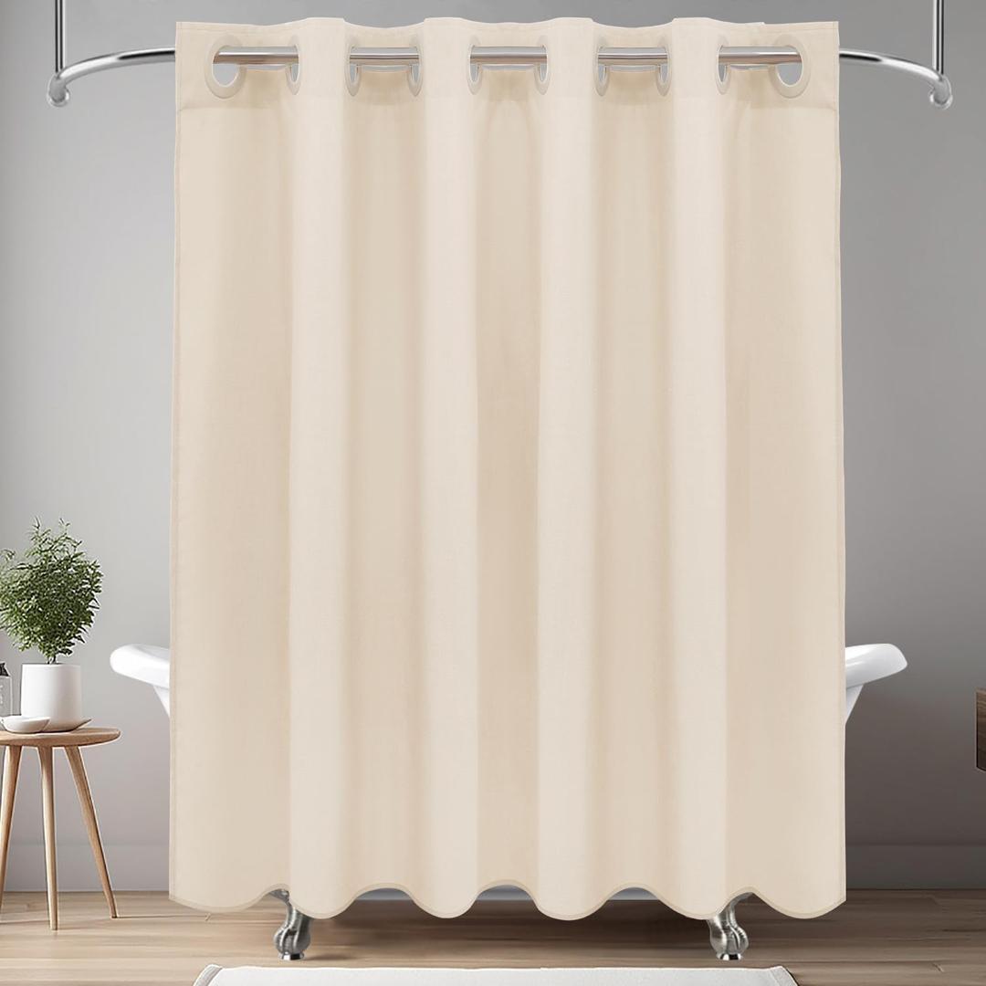 Ga-Geetopia No Hook LinenTextured Shower Curtain Set, Hotel Luxury Style Beige Shower Curtain with See Through Top Window, Machine Washable & Water Repellent, 72W x 72L