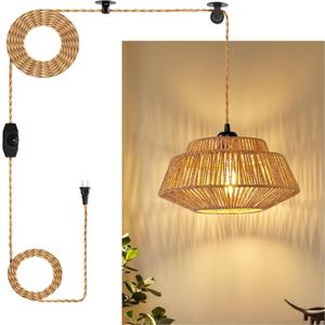 Hanging Lamp Plug In Pendant Light - Boho Rattan Pendant Lights for Ceiling Dimmable Hanging Lights With 23 Ft Plug In Cord Wicker Woven Lampshade Hanging Lamp for Bedroom Living Room Kitchen Island