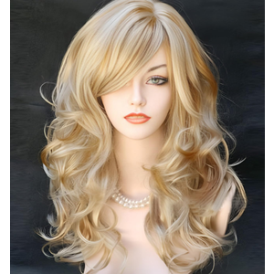Blonde Layered Wig with Curtain Bangs Long Wavy Highlights Natural Looking, 2ft