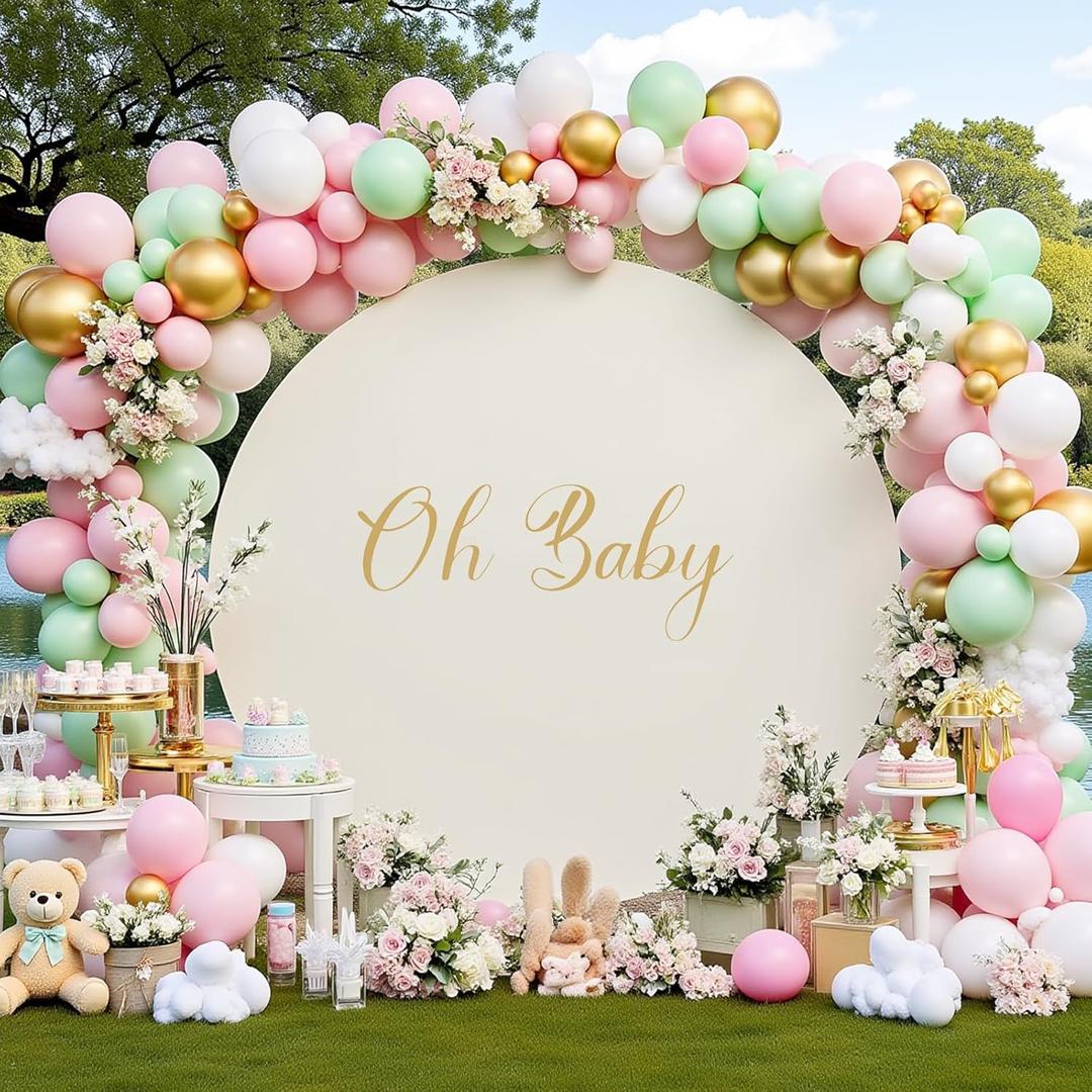 7.2FT Ivory Round Backdrop Cover for 5-7.2ft Circle Arch Stand with Oh Baby Decal Sign - Thick Fitted Spandex Arch Backdrop Cover for Baby Shower, Wedding Arch, Birthday Party and Photography
