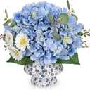 Briful Centerpiece for Dining Table with Faux Hydrangea, Artificial Blue Hydrangea Arrangement in Blue & White Vase, Dining Table Decor Farmhouse Coffee Table Decor, Fake Flowers in Vase Home Decor