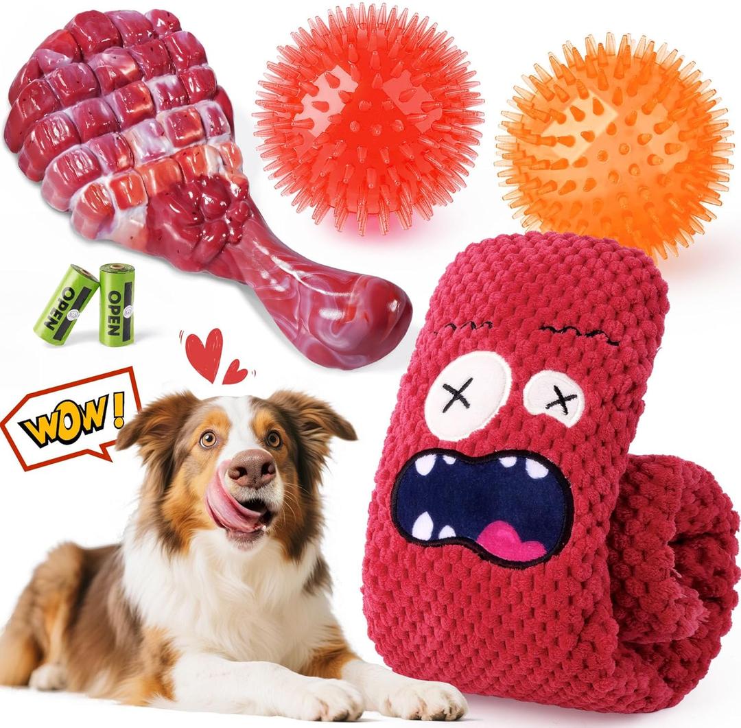 KIPRITII Long-Lasting Heavy Dog Chew Toys for Aggressive Chewers  6 Pack Tough Dog Toys Include Indestructible Chew Bone, Interactive Tug Toys & Squeaky Balls, Ideal for Medium & Large Breeds Dogs (colorful)