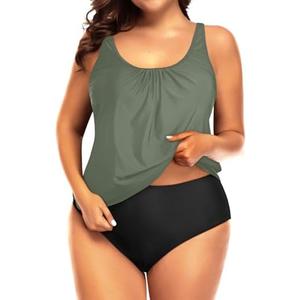Yonique Plus Size Two Piece Swimsuit for Women Blouson Tankini Tummy Control Bathing Suit 18W Size.