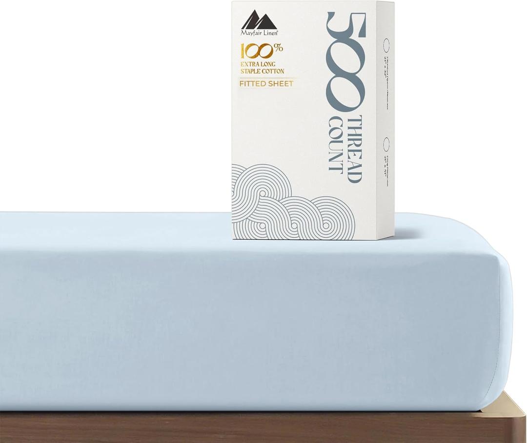 Mayfair Linen 100% Cotton Fitted Sheet King Size - 500 Thread Count Fitted Sheet King Cotton Only, Luxuriously Soft, Cooling 16" Deep Pocket Sateen Weave Bottom, Luxury Hotel Quality - Light Blue