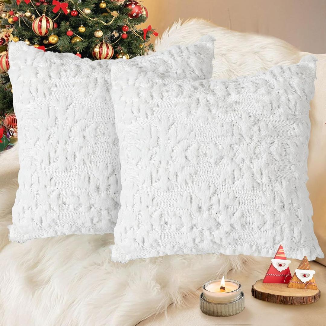 candyfouse Christmas Snow Pillow Covers 18x18 inches 2-Piece Set White Soft Plush Artificial Fur Jacquard Bedroom Sofa Holiday Winter Home Decoration