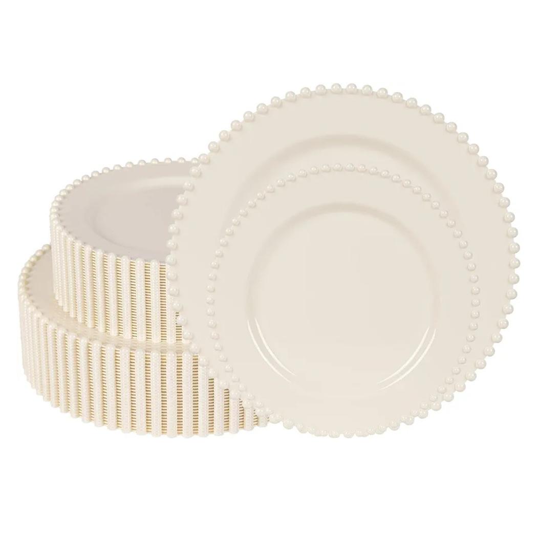 60 Pcs Ivory Plates, Beaded Design Disposable Plastic Plates for 30 Guests, Fancy Party Dishes 7.5 inch Dessert Plate and 10 inch Dinner Plate for Thanksgiving, Party, Bridal Shower