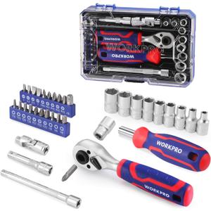 WORKPRO 34 PCS 1/4" Dr. Master Socket Set with 1/4" Stubby Ratchet Bit Driver, Magnetic Bit Driver, Universal Joint, Extensions, 1/4 "Dr. Bit Set, for Auto Repairing and Household, with Storage Case