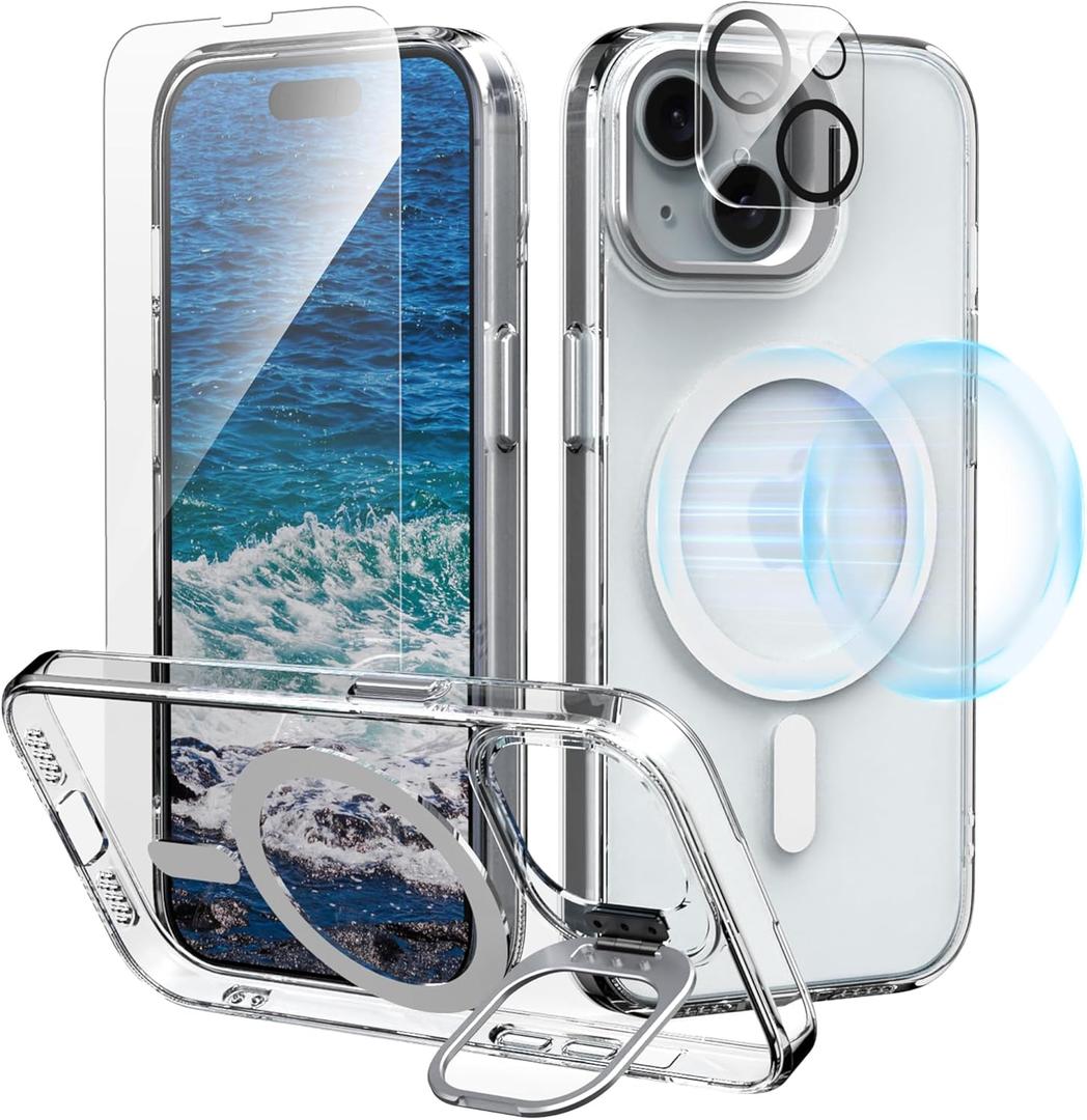 IDweel for iPhone 14 Case with Screen Protector & Camera Lens Protector,Compatible with MagSafe,Built-in Camera Stash Stand,Magnetic Hard Back Soft Edge Anti-Fingerprint Flexible Cover,Clear