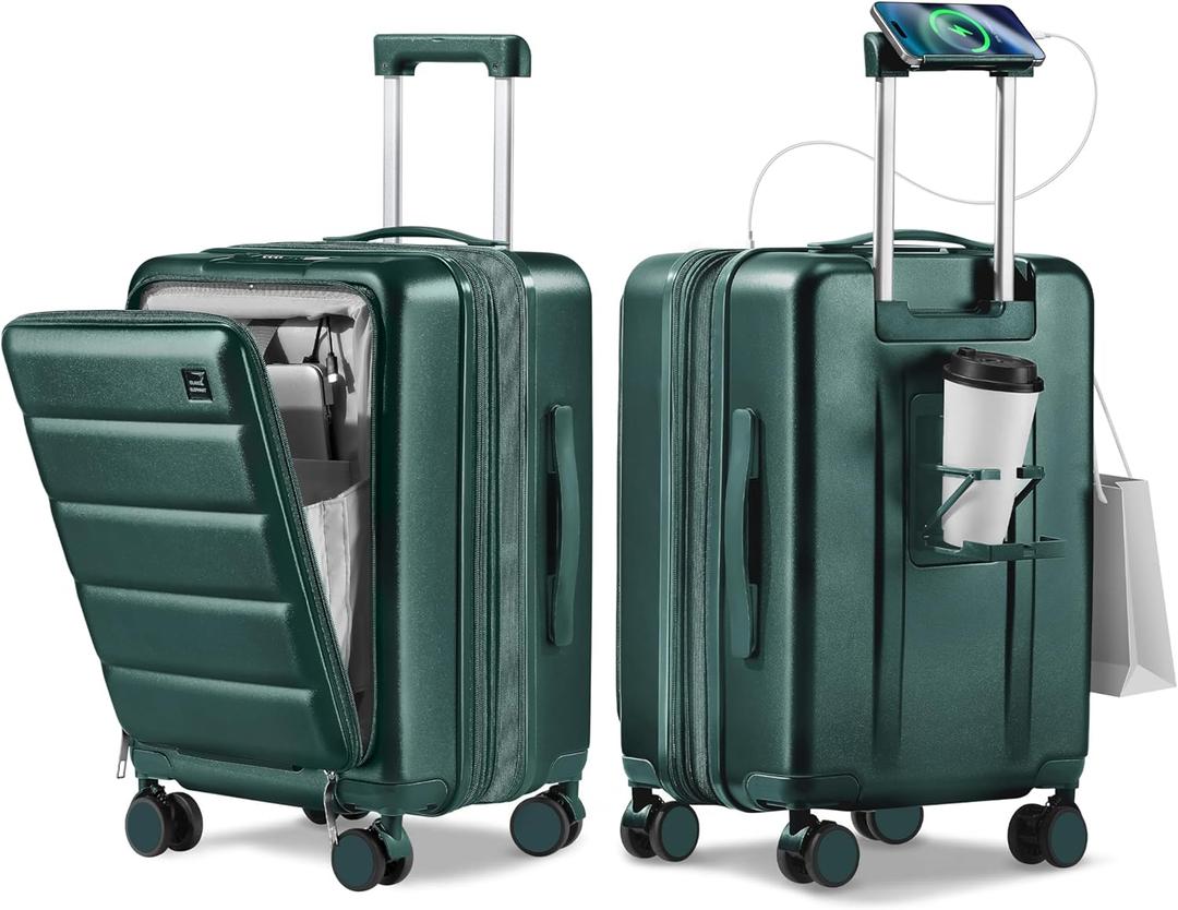 20IN Carry On Luggage Airline Approved - Expandable Hardside Suitcase with 16" Laptop Compartment, Cup Holder, Phone Mount, USB Port,TSA Lock, 360Spinner Wheels (Forest Green)