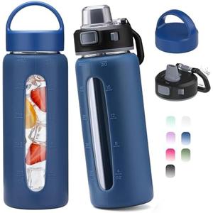 Kodrine 20oz Glass Water Bottle with Straw-2 Lids for Easy Carry with Handle, Silicone Sleeve & Time Marker, Reusable Glass Drinking Bottle for Home,Office,Outdoors, Cupholder Friendly-Blue