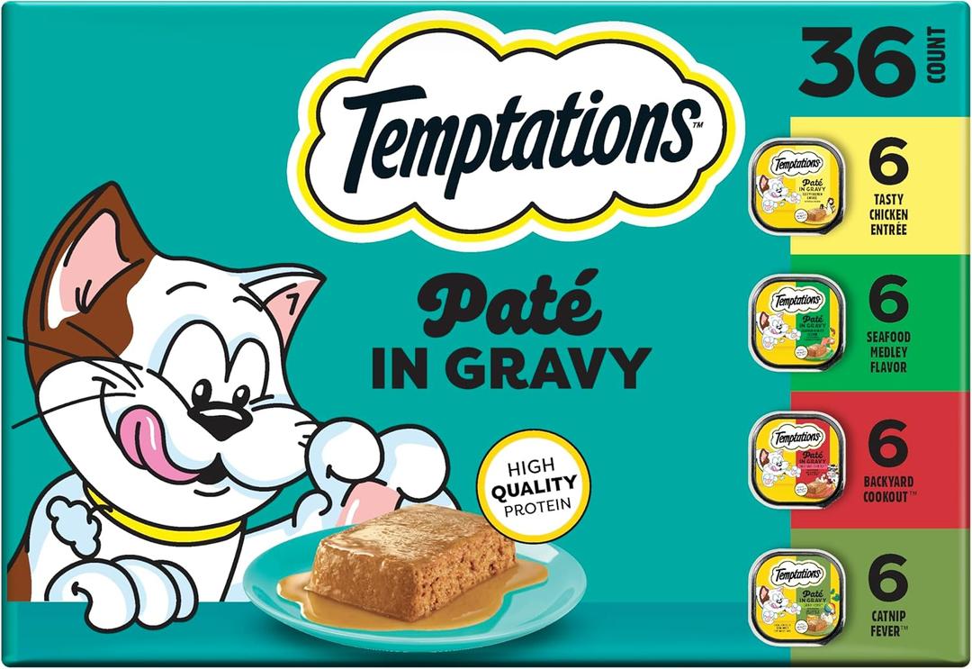 Temptations Pate in Gravy Adult Wet Cat Food Tasty Chicken Entree, Seafood Medley, Backyard Cookout, and Catnip Fever, 3.5 oz. Trays (36 Count, Pack of 1) (EXP 01/31/28)