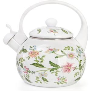 Jucoan 2.3 Quart Vintage Enamel Tea Kettle, Whistling Tea Kettle for Stove Top, Floral Enamel on Steel Teakettle Teapot for Home Kitchen Camping, Gift for Wedding Housewarming Thanksgiving Christmas (White)