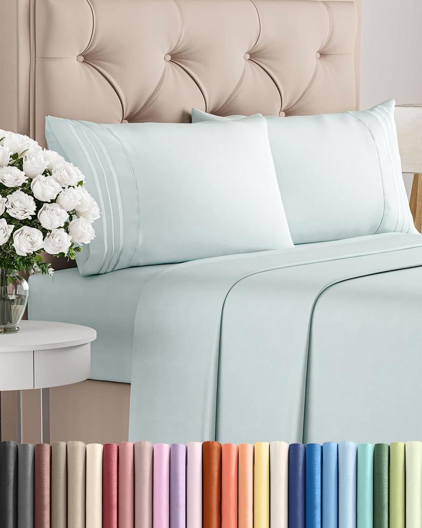 Queen Size 4 Piece Sheet Set - Comfy Breathable & Cooling Sheets - Hotel Luxury Bed Sheets for Women & Men - Deep Pockets, Easy-Fit, Extra Soft & Wrinkle Free Sheets - Ice Blue Oeko-Tex Bed Sheet Set